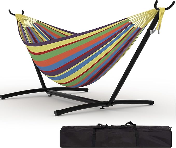 Hammock with Stand, 2-Person Outdoor Portable Hammock with Carrying Bag & Adjustable Frame, Heavys Duty 450lb Capacity, for Beach Camping Backyard Patio