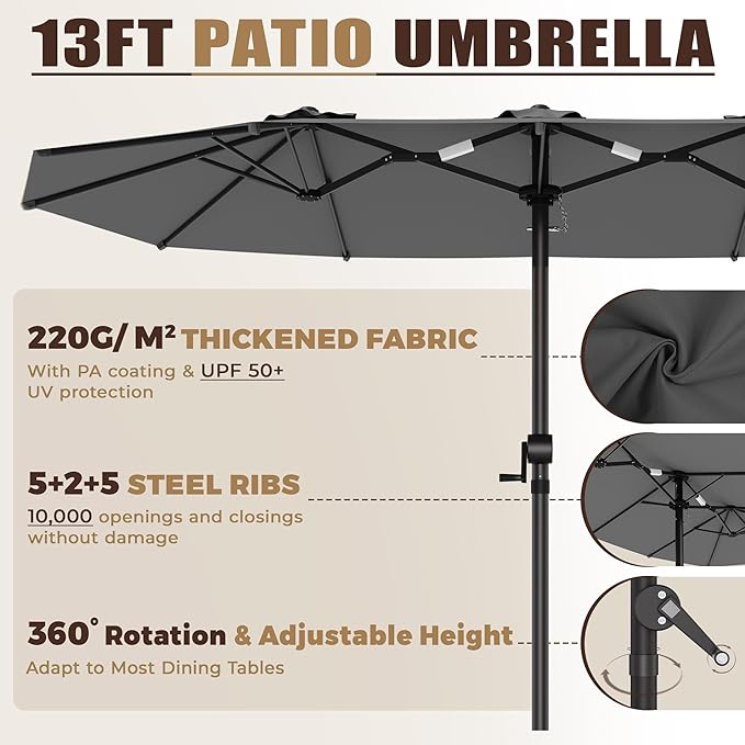 GDPFN 13FT Large Patio Umbrella, Outdoor Deck Standing Umbrella with Crank Handle, Double-Side Rectangular Pool Umbrella for Outside, Market, Patio, Dark Gray (Base Not Include)
