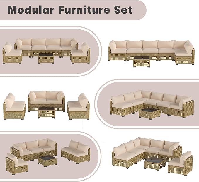 7 Pieces Patio Furniture Sets, Outdoor Furniture Patio Conversation Set, All Weather PE Rattan Sectional Sofa with Cushions and Black Glass Table (Yellow-White,7 Pieces-S)