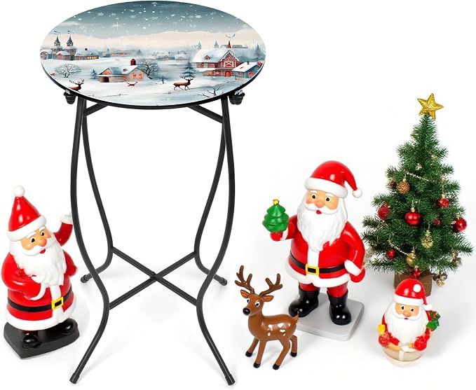 21 Inch Tall Metal Side Table, Unique Christmas Tabletop with Metal Frame, Round End Bedside Table Accent Table for Bedroom Patio Yard Porch Balcony Garden