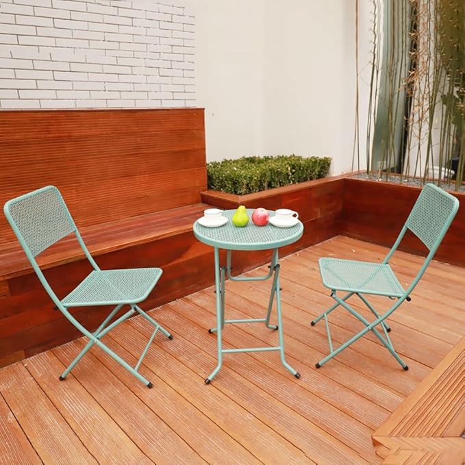 3-Piece Patio Bistro Set, Metal Folding Outdoor Patio Furniture Sets, Stainless Steel Patio Conversation Set with Folding Patio Round Table and Chairs for Yard, Garden or Balcony