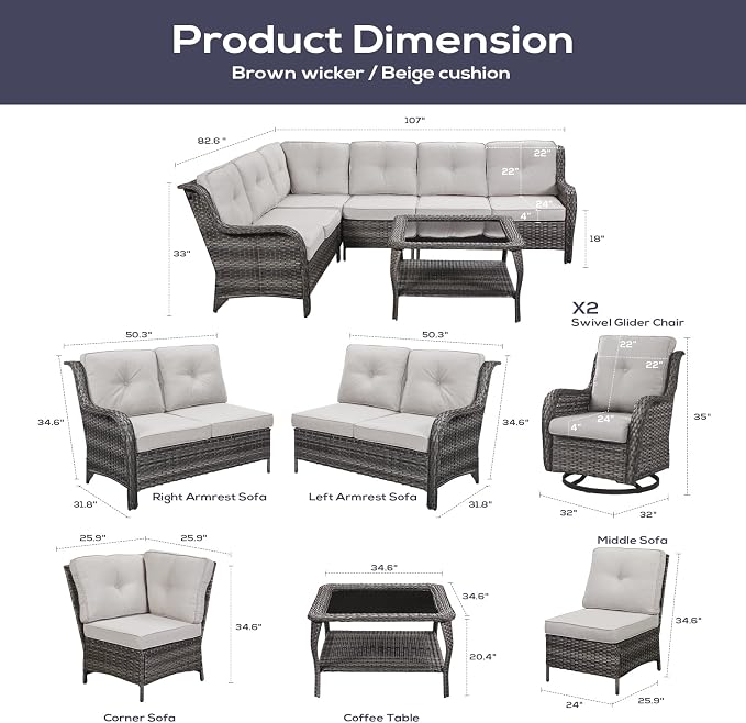 Belord Patio Furniture Set 6 Seats, Outdoor Swivel Rocker Patio Chairs, Oversized Outdoor Sectional Couch, Two 3-Seater Sofas with Coffee Table, Ideal for Porch, Deck, Mixed Grey Wicker/Beige
