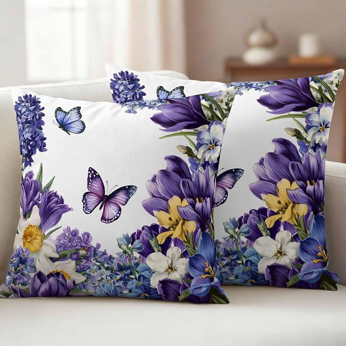 Outdoor Waterproof Pillow Covers for Patio Furniture Purple Blue Flowers Butterfly Throw Pillow Cover Watercolor Floral White Pillowcases Set of 2 Cushion Case for Sofa Couch Chair 20x20 inch