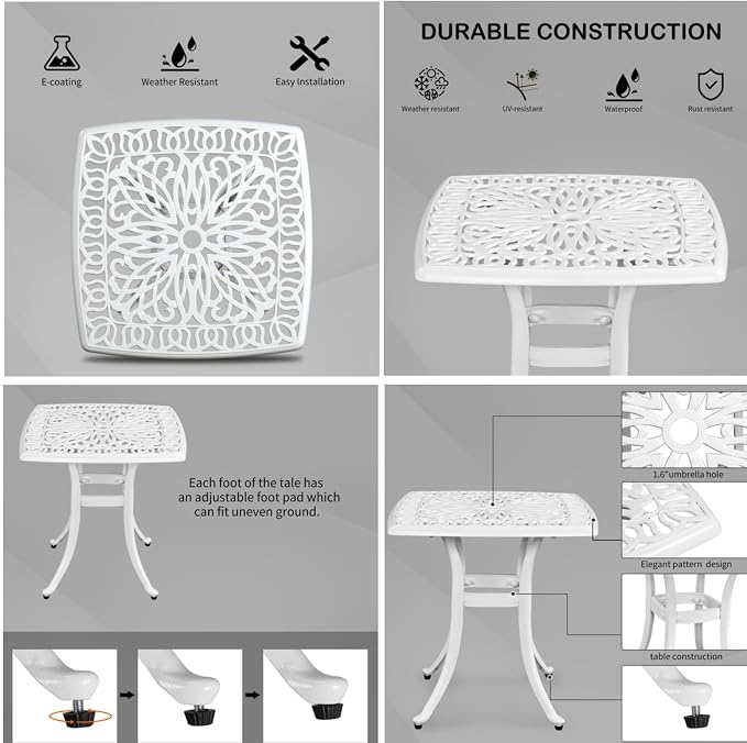 Patio Cast Aluminum Side Table with Umbrella Hole, Outdoor End Table Small Square Coffee Table for Backyard, Garden, Porch, Balcony, Pool Side, Indoor, White