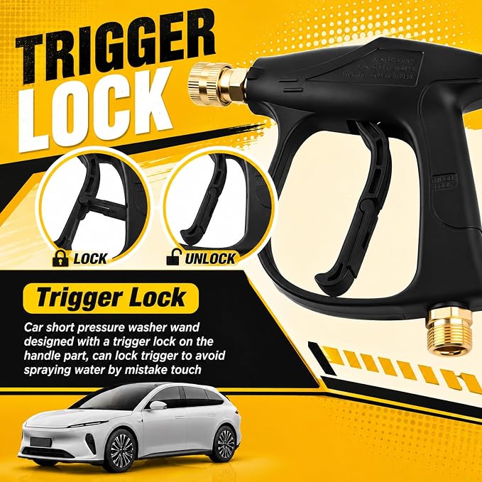High-Pressure Car Short Pressure Washer Gun,Stubby Pressure Washer Gun with Safety Lock & M22-14 Thread & 1/4" Outlet Quick Connect,4350 PSI Max Pressures Washers Short Guns