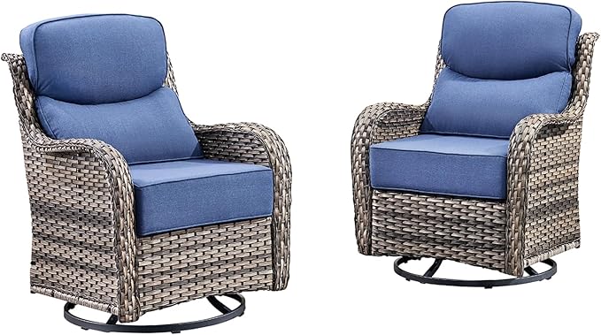 Luxury Outdoor Swivel Rocker Patio Chairs Set of 2 with 6-Inch Thick Cushions, High Back Swivel Patio Chairs Wicker Outdoor Gliders for Porch, Yard, Deck, Poolside, Grey/Blue