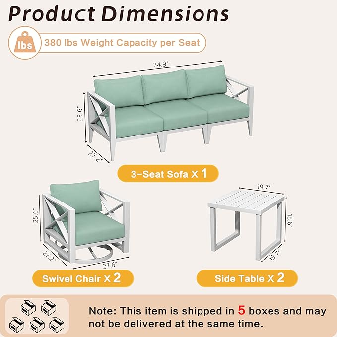 MBY Aluminum Patio Furniture Set, 5-Seat Outdoor Conversation Set with 2 Swivel Rocking Chairs & 2 Coffee Tables, Weather-Resistant Sofa Set for Poolside, Garden, Backyard – White