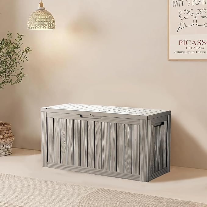 Outdoor Storage Box 80GAL Waterproof Resin Deck Box,UV-Resistant Lockable Delivery Bin for Garden Tools,Small Outside Cushions,Pool Accessories Supplies,Chest,Furniture,Package,Grey
