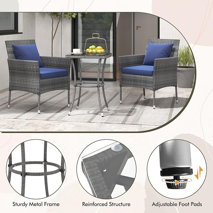 Tangkula 3-Piece Patio Furniture Set, PE Wicker Conversation Bistro Set w/A Tempered Glass Table & 2 Cushioned Chairs, Outdoor Table & Chairs Set for Patio Porch Yard Garden (Mix Gray+Navy)