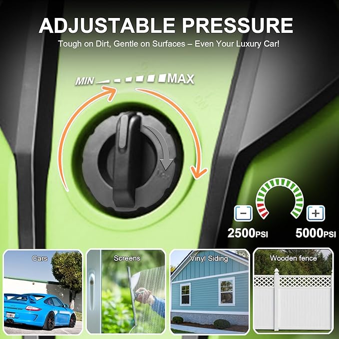 5000 PSI Adjustable Electric Pressure Washer, 2026 New Power Washer Pressure Adjustable (2500PSI-5000PSI) with 33ft Pressure Hose, 4 Nozzle and Detergent Tank for Cars, Upgraded Green