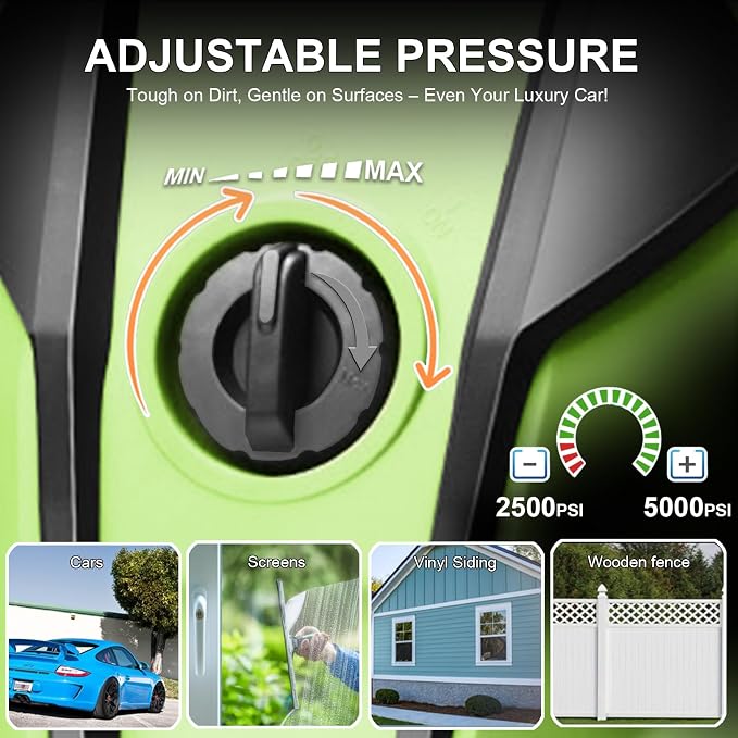 Pressure Washer 5000PSI Adjustable Pressure with 33FT Hose, 4 Nozzle, Power Washer for Home Cars Driveways, Green