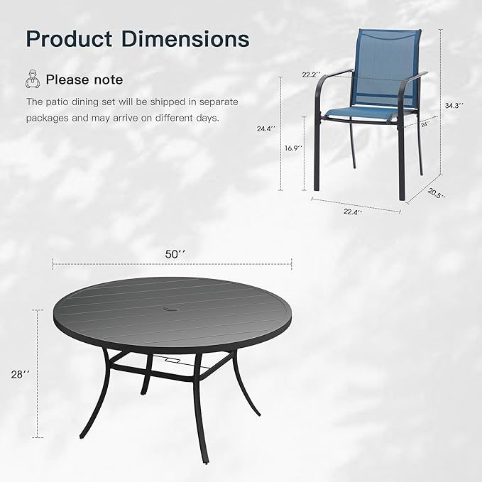 VICLLAX 7 Pieces Patio Outdoor Dining Set, 50" Round Metal Table with Umbrella Hole and 6 Stackable Textilene Chairs for Lawn, Garden, Porch, Black/Dark Blue