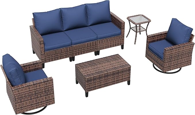 Amopatio Patio Furniture Set, 5-Piece Wicker Outdoor Sectional Sofa with Swivel Rocker Chairs, Rattan Conversation Set with Storage Coffee Table and Waterproof Cover for Backyard Brown/Navy