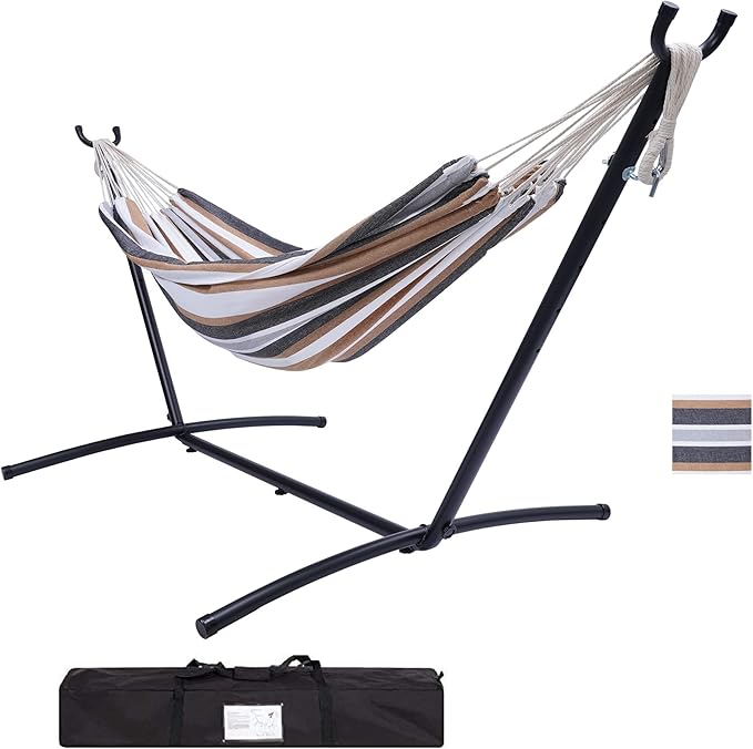 Double Classic Hammock with Stand for 2 Person- Indoor or Outdoor Use-with Carrying Pouch-Powder-Coated Steel Frame - Durable 450 Pound Capacity,Brown/Gray Striped