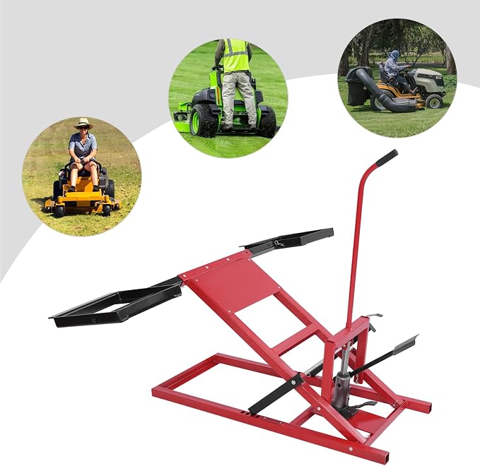 Lawn Mower Lift Jack for Zero Turn Mowers Riding Tractors 500lbs Capacity Hydraulic Lift Table for Maintenance Repair Adjustable Wheel Span, Easy Assembly, for Tractors, Lawnmowers, Atvs, Pushmowers