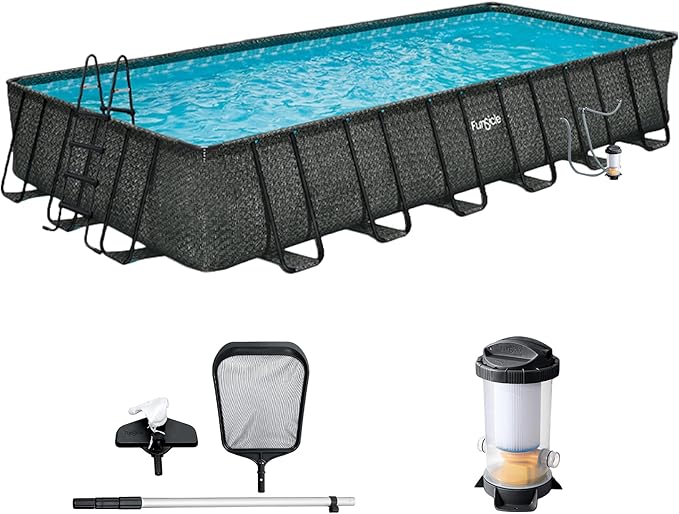 Funsicle Oasis Designer Lap 24' x 12'x 52" Rectangular Above Ground Swimming Pool, with FiltraBoost 1200 GPH Filter Pump, Ladder, Maintenance Kit, Cover, Ground Cloth & Repair Patch, Dark Herringbone