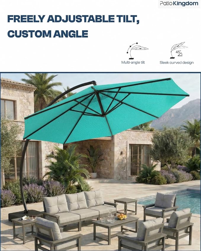 12 FT Cantilever Umbrella with Base Included, Large Round 360° Rotation Offset Umbrella Outdoor Patio, Heavy Duty Aluminum Frame, Sand-Weighted Stand, for Deck, Backyard, Pool, Garden (Tiffany Blue)