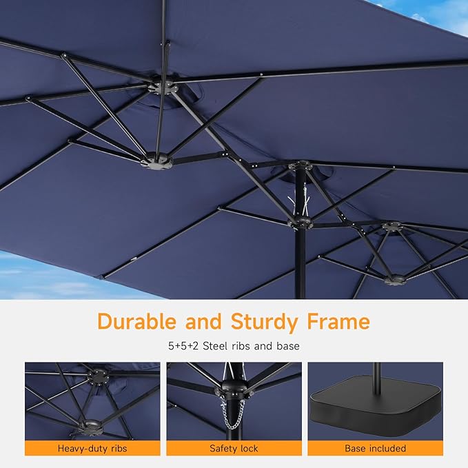 ONBRILL 15ft Patio Umbrella with Base Included, Extra Large Shade Area, Double Sided Rectangle Umbrella with Crank Handle for Poolside, Garden, Yard, Blue (Blue)