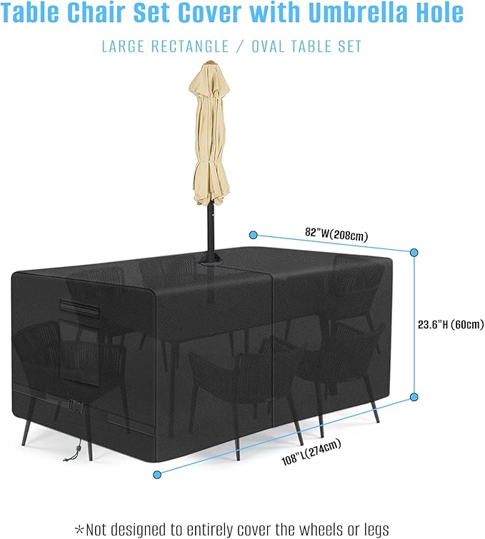 SIRUITON Rectangle Patio Table Cover with Umbrella Hole 108" L X 82" W X 23.6" H (COVER SIZE，NOT TABLE SIZE) Heavy Duty 600D Oxford Fabric Outdoor Waterproof Lawn Patio Furniture Covers