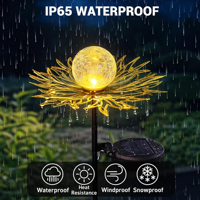 Solar Garden Lights Outdoor Decor, Metal Flower Stake Light with Warm White Crackle Glass Globe, Waterproof Decorative Solar Yard Art for Patio Lawn Backyard Pathway, Gardening Gift（Gold）