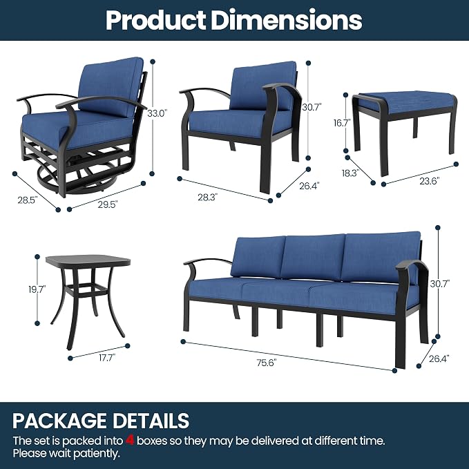 Aluminum Outdoor Patio Furniture Set,7 Seats Patio Conversation Sets with 2 Ottomans,Metal Patio Sectional Furniture Set with 2 Swivel Rocking Chairs,Navy Blue
