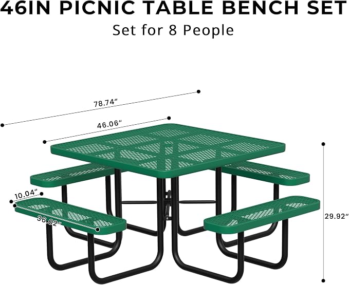 All-Weather Square Outdoor Picnic Table, Commercial Picnic Table Bench Set with Umbrella Hole, Thermoplastic Coated Metal Dining Tables for School, Stores, Park, Patio, Yard, Green