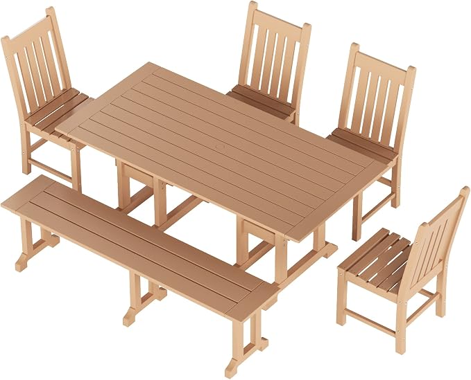 WestinTrends Malibu 6 Piece Outdoor Dining Set with Bench, All Weather Poly Lumber Patio Table and Chairs Set, 71" Trestle Dining Table with Umbrella Hole, 5 Patio Chairs with Bench, Teak