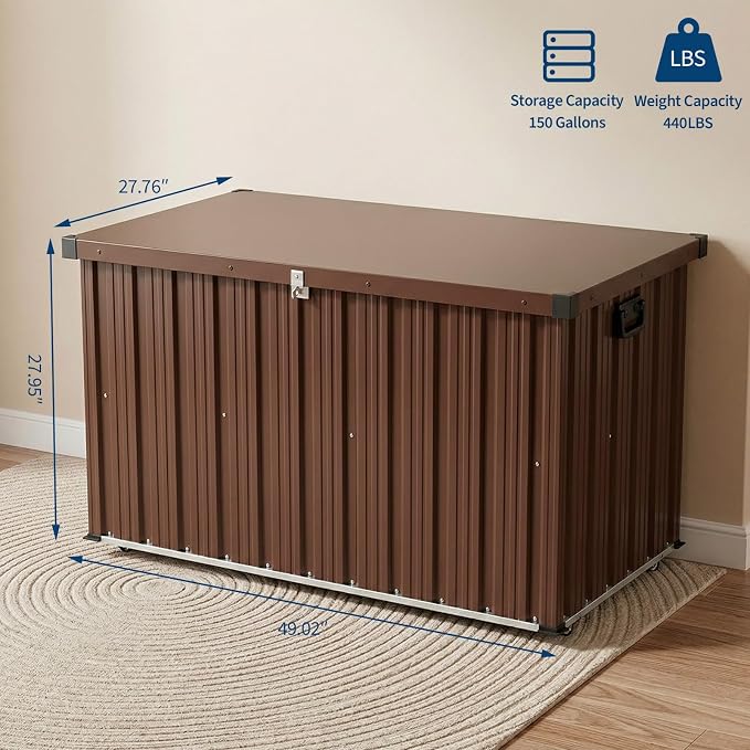 Metal Deck Box Outdoor Patio Storage Container with Wheels, 150 Gallon Heavy-Duty Steel Storage Chest Built with Galvanized Frame & Coated Panels, Large Weather-Resistant Bin for Deck, Porch, Pools