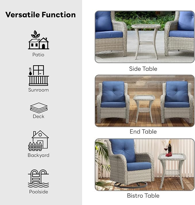 Belord Small Outdoor Side Table Tempered Glass Wicker Table - Waterproof Patio Coffee Table Rattan End Table with Storage, Light Gray 20x20x22 inch