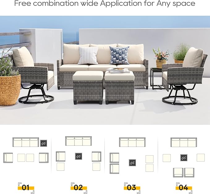 6 Piece Outdoor Furniture Set, Rattan Patio Furniture with 2 Swivel Chairs, 3-Seat Sofa, 2 Ottoman & Side Table, All-Weather Conversation Set for Porch Garden Lawn Balcony (Gray & Beige)