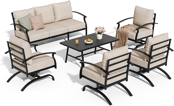 Metal Patio Furniture Set,6 Pieces 7 Seats Patio Sectional Outdoor Furniture Set with Rectangular Coffee Table,Patio Conversation Sets with 5.1" Thickened Cushions,Sand
