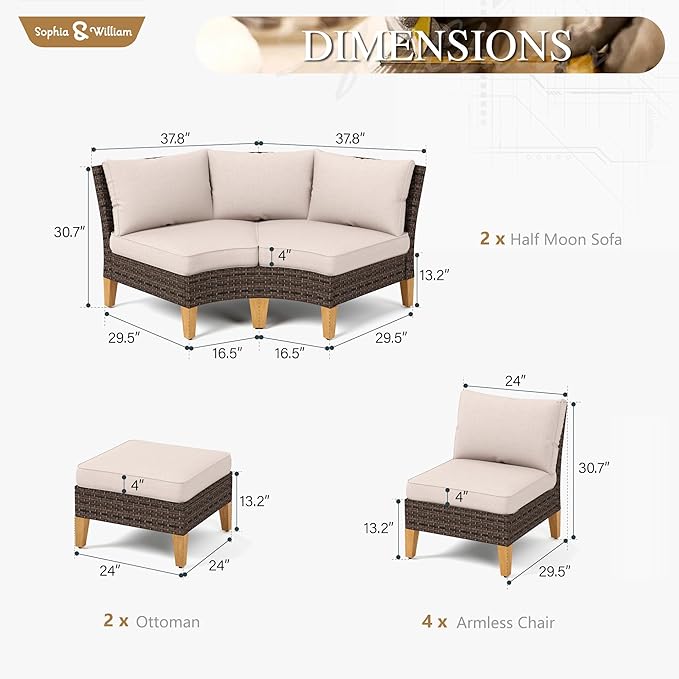 Sophia & William Patio Furniture Set, 10 Piece Half Moon Outdoor Wicker Sectional Sofa Set, High Back Rattan Conversation Set with Ottoman for Backyard, Deck, Pool(Beige)
