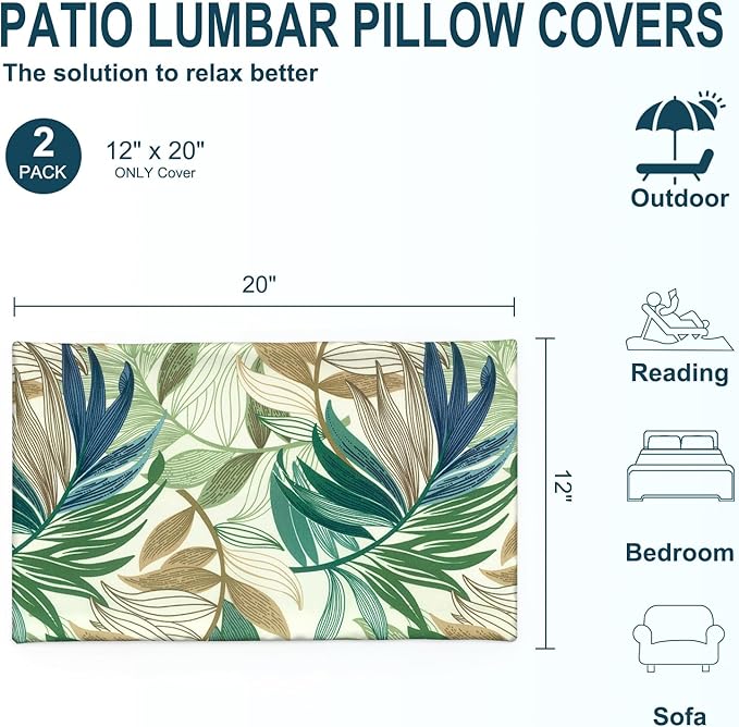DYTXIII Pack of 2 Outdoor Waterproof Lumbar Pillow Covers ONLY, 12x20 Rectangle Decorative Double Printed Pillow Cases for Patio Couch Porch Furniture - Lush Leaf Green