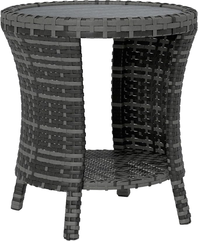 Outsunny 18" Outdoor Wicker Coffee Table, 2-Tier Patio Side Table with Storage, PE Rattan End Table with Composite Wood Top, Steel Frame for Garden Backyard Balcony, Gray