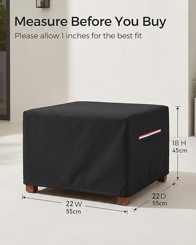 Square Waterproof Patio Ottoman Cover, 600D Heavy Duty Outdoor Furniture Cover with Windproof Buckles Air Vents, All-Weather Protector for Patio Ottoman or Outdoor Side Table 22 x 22 x 18 Inch, Black