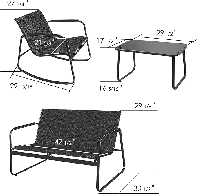 Kozyard 4-Piece Outdoor Patio Furniture Set with Textilene Chairs, Metal Conversation Set, Tempered Glass Coffee Table, Powder-Coated Steel Frame for Garden, Poolside, Backyard Black