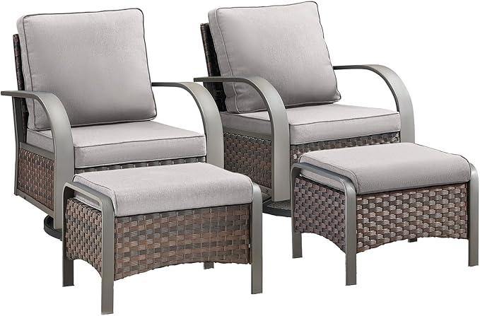 HUMMUH Swivel Rocker Outdoor Chair-High Back Patio Chairs with Ottoman Outdoor Conversation Furniture Sets for Deck Porch Garden Poolside Backyard-Brown/Grey