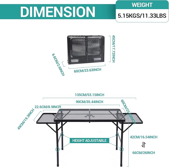 Nice C Folding Grill Table, Camping Tailgate Metal Table, 2 Tier Mesh Grill Station, with Metal Folding Adjustable Height&Width, Mesh Net, Carry Handle, for Outdoor