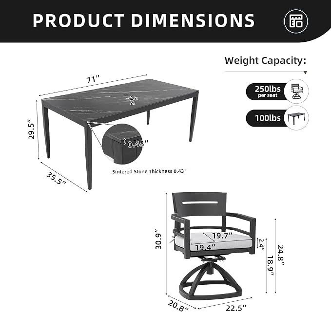 7PC Aluminum Outdoor Patio Dining Set, 71”Rectangular Black Marble Dining Table with Sintered Stone Top and 6 Cushioned Swivel Rockers, All-Weather Patio Furniture