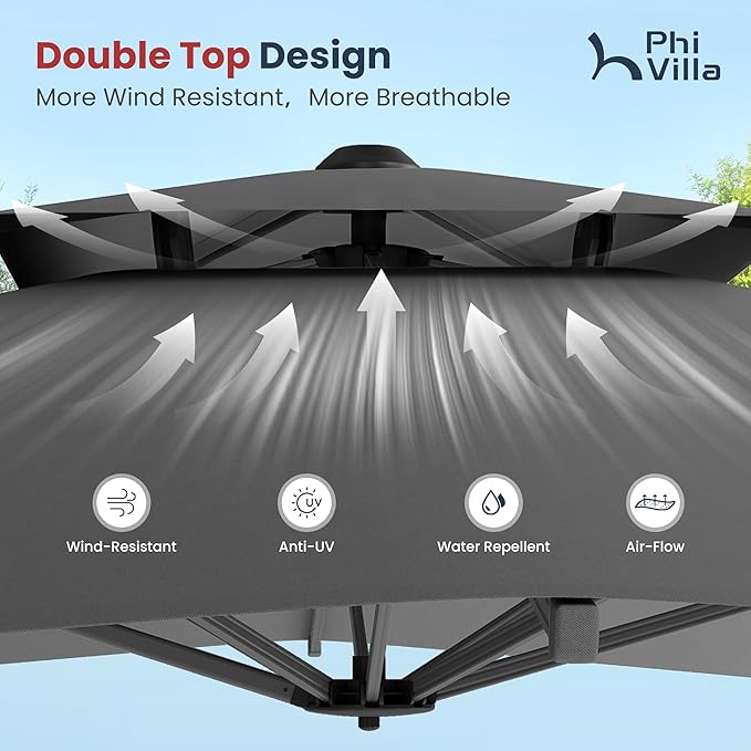 PHI VILLA 9x12 Cantilever Patio Umbrella with Base, Double Top Large Rectangular Umbrella, Heavy Duty 360° Rotation Hydraulic Outdoor Sun Umbrella Windproof for Pool, Garden,Grey