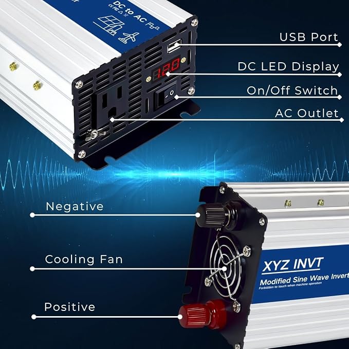 1200W Power Inverter 12V DC to 110V 120V AC, Peak Power 2400W with 2 AC Outlets and LED Display for Car Truck RV Camping Home Emergency Backup Power Solar System Off-Grid Over 90% Efficiency