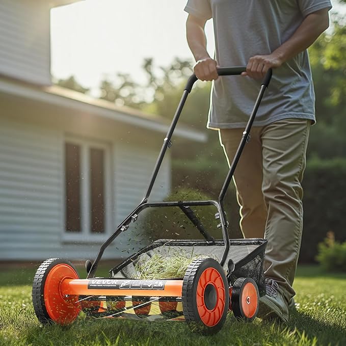 VEVOR Push Reel Lawn Mower 18 inch, 5 Blades Manual Push Mower No Motor, 1.37-2.44 in Adjustable Cutting Height, Walk-Behind Lawn Mowers with Grass Catcher Bag for Green Lawns, Driveways, Courtyards