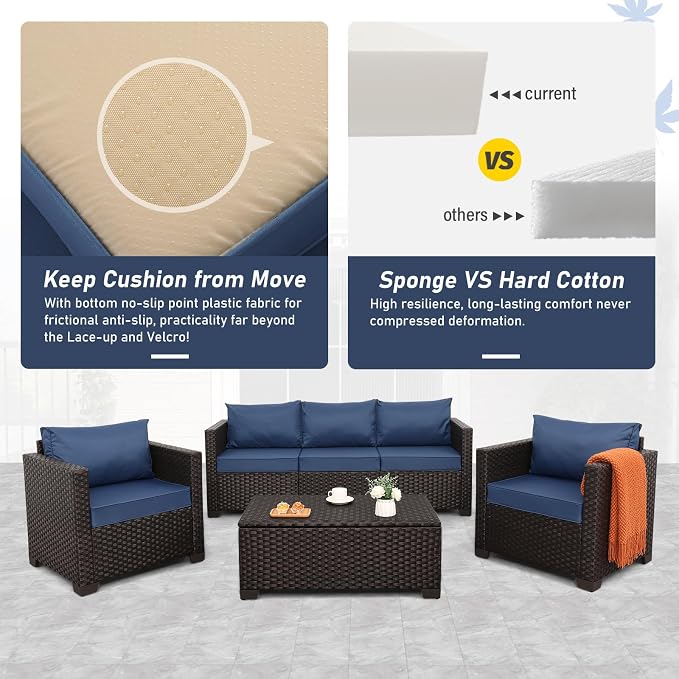 Rattan Star 4 Piece Patio Furniture Set 45In Fire Pit Table Outdoor Furniture Sets Patio Couch Outdoor Chairs 50000 BTU Propane Fire Pit with No-Slip Cushions and Waterproof Covers, Navy Blue