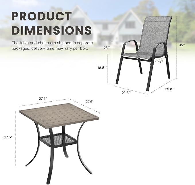 3 Pieces Outdoor Dining Set, 27.5" Square Table & Stackable Patio Dining Chairs, Patio Table and Chairs Set for Deck Garden Porch, Grey Chairs & Grey Table