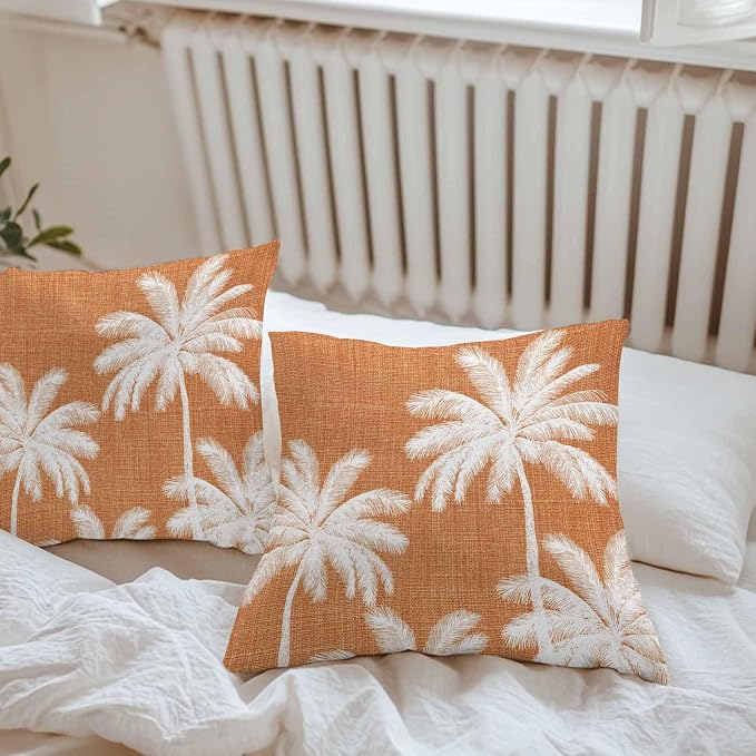 Outdoor Pillow Covers 26x26 Inch Set of 2, Burnt Orange Palm Trees Waterproof Throw Pillow Covers, Farmhouse Tropical Summer Beach Decorative Cushion Pillowcases for Couch, Sofa, Bed, Garden, Patio