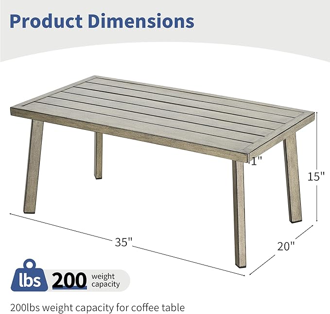Outdoor Patio Coffee Table, Rectangle Aluminum All-Weather Side Table with Wood-Grain Texture, 200lbs Capacity, Modern Patio Furniture Sets for Garden, Backyard, Porch (Taupe)