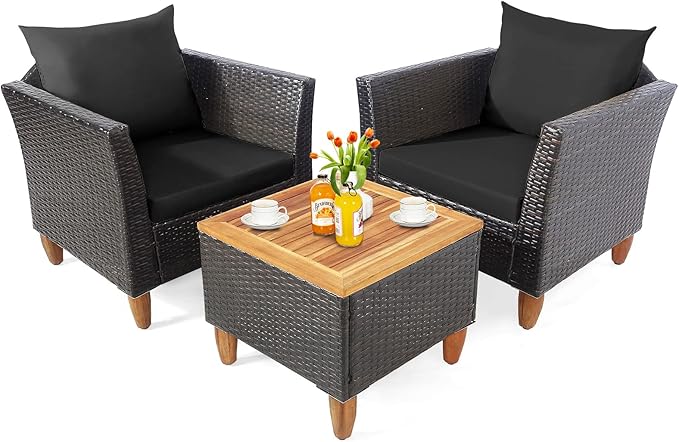 Tangkula 3-Piece Patio Furniture Set, Patiojoy Outdoor PE Wicker Bistro Set with Soft Cushions and Solid Acacia Wood, Outdoor Conversation Set with Porch, Balcony and Garden (Black)