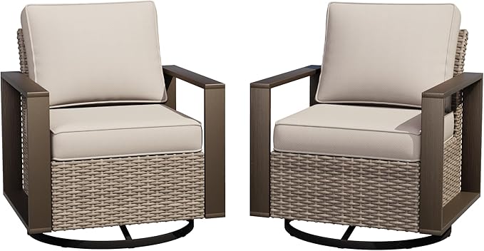 Joyside Outdoor Patio Swivel Rocker Chairs Set, 2 Pieces Wicker Rattan Chairs with Metal Wide Armrest, Thick Cushions and Deep Seating for Garden, Backyard, Porch, Deck