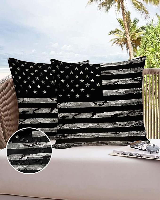 Outdoor Pillows 26x26 Waterproof Outdoor Pillow Covers, Camo Polyester Throw Pillow Covers Garden Cushion Decorative Case for Patio Couch Decoration Set of 2, America US Flag
