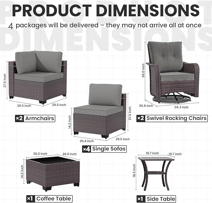 10 Pieces Outdoor Patio Furniture Set,Outdoor Sectional Furniture All Weather PE Rattan Wicker Patio Conversation Set with Coffee Table,Swivel Rocking Chairs Set,Grey